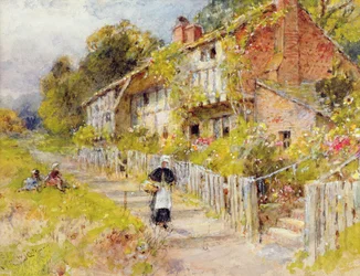 Cottages - A Row of Cottages with a Figure and Other Children Playing